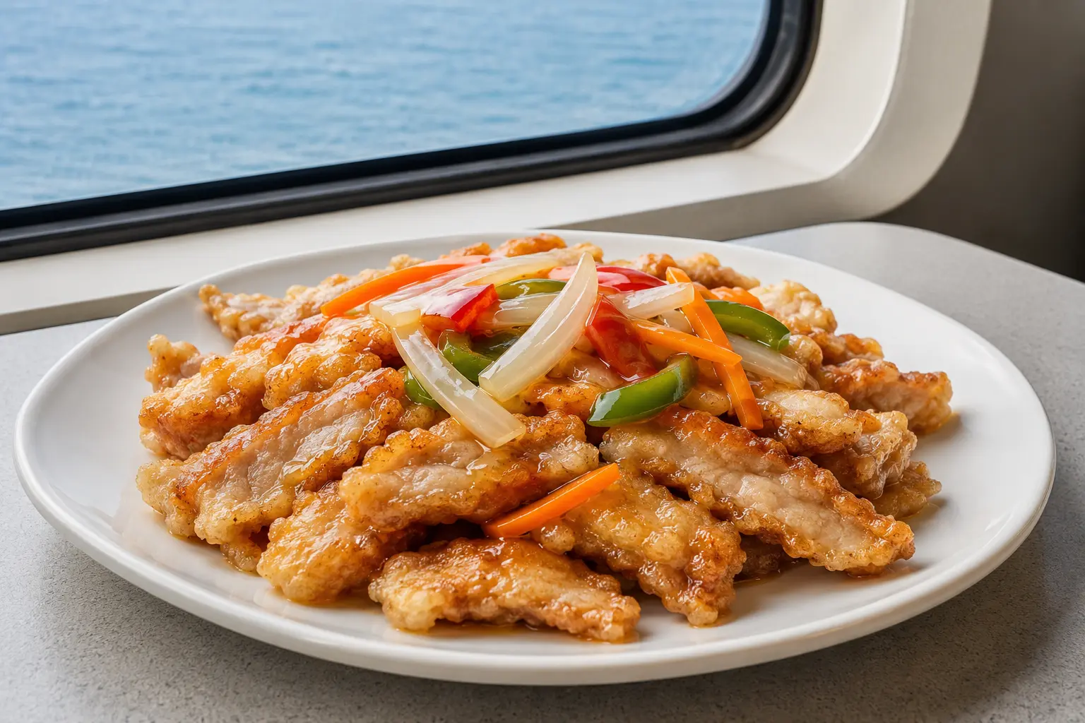 선박 창문과 바다가 보이는 찹쌀탕수육