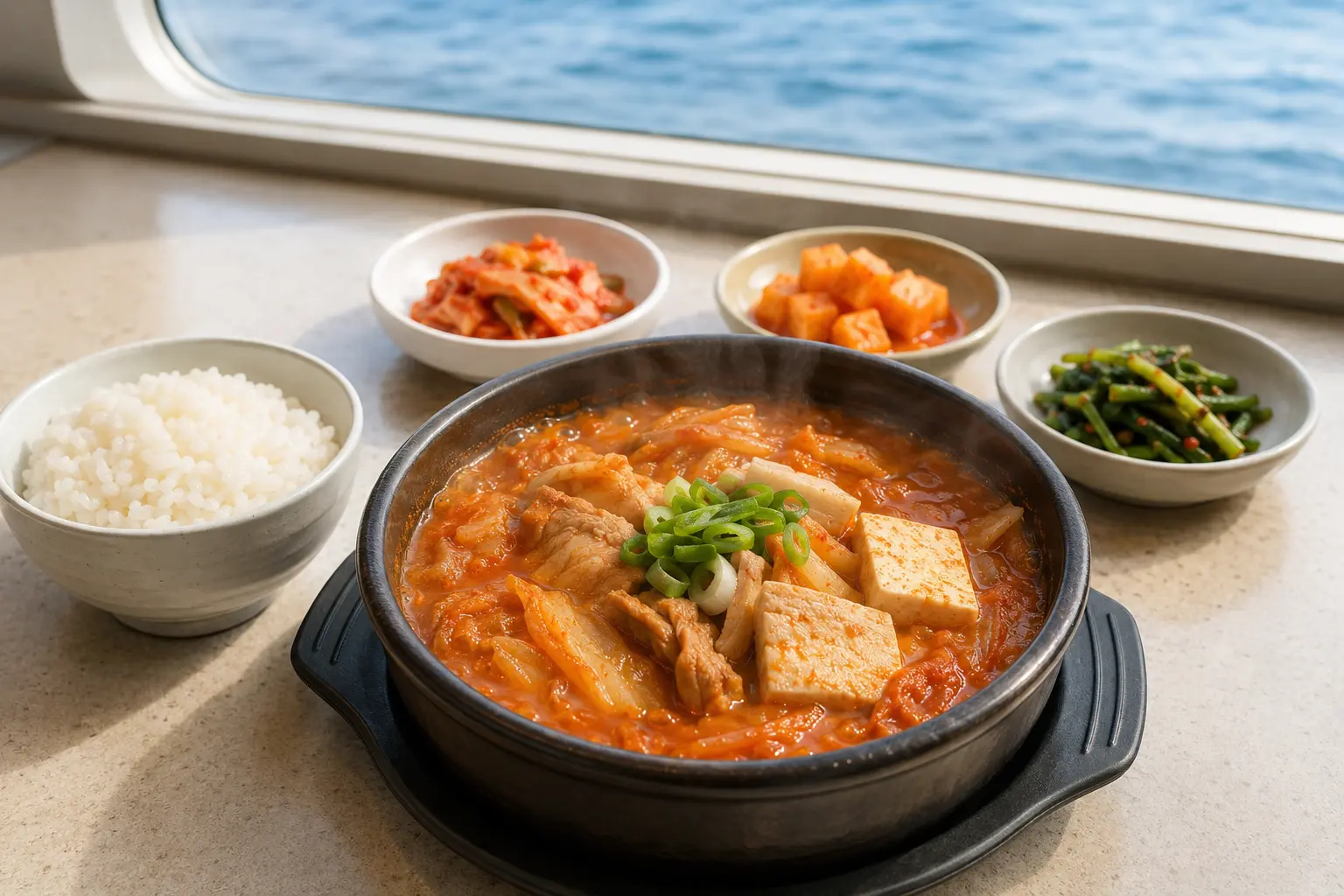 선박 창문과 바다가 보이는 돈육김치찌개 정식