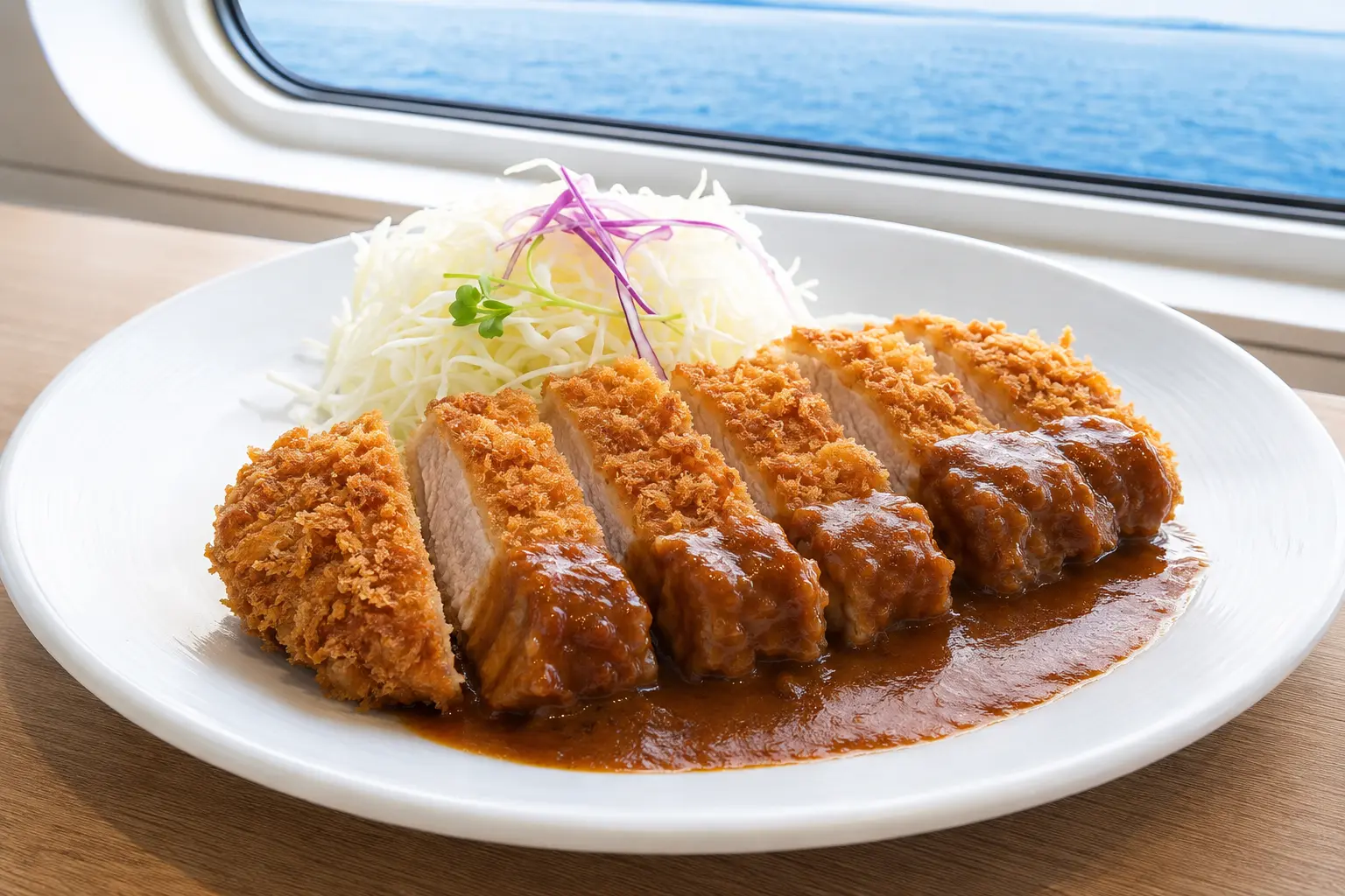 선박 창문과 바다가 보이는 등심돈가스